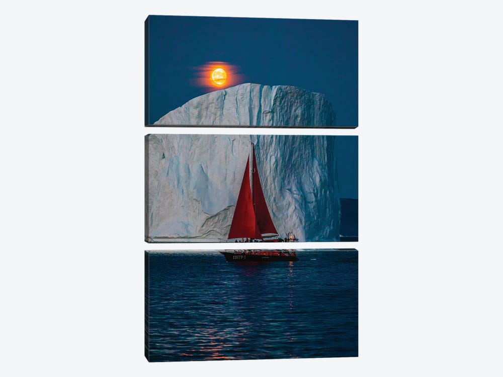 Greenland Arctic Ice Berg Red Sail Boat Full Blood Moon II by Alex G Perez 3-piece Canvas Wall Art