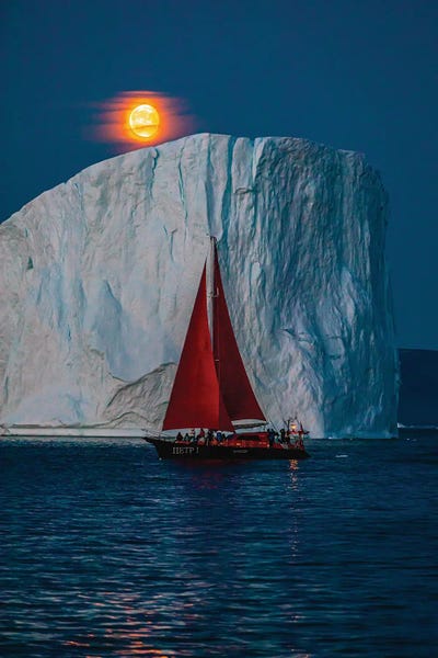 Greenland: Greenland Arctic Ice Berg Red Sail Boat Full Blood Moon II by Alex G Perez