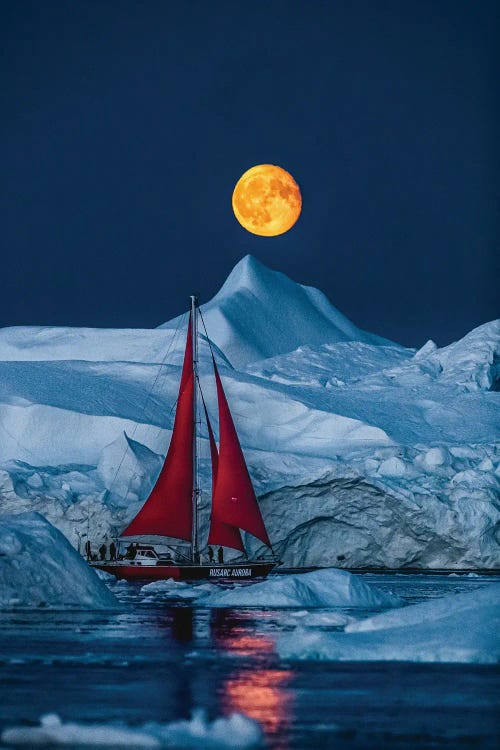 Greenland Arctic Ice Berg Red Sail Boat Full Moon