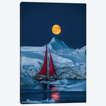 Greenland Arctic Ice Berg Red Sail Boat Full Moon Canvas Print #AGP285} by Alex G Perez Canvas Art