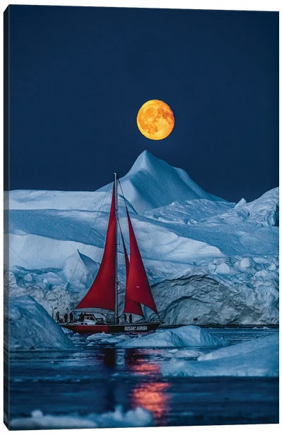 Greenland Arctic Ice Berg Red Sail Boat Full Moon Canvas Art Print - Alex G Perez