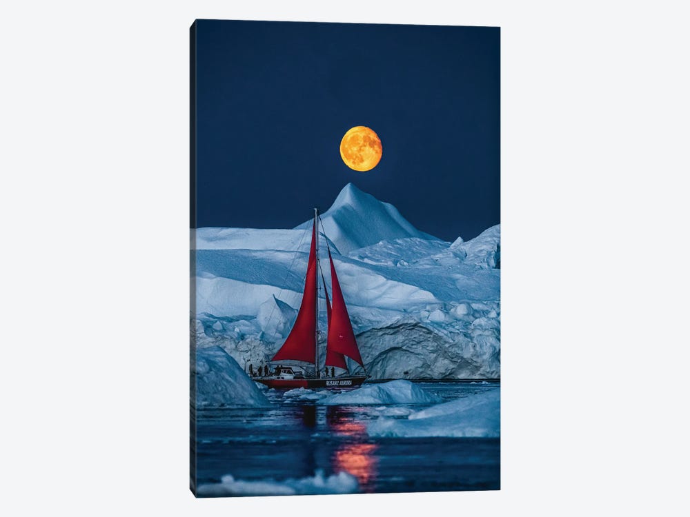 Greenland Arctic Ice Berg Red Sail Boat Full Moon by Alex G Perez 1-piece Canvas Print