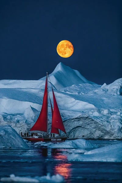 Greenland: Greenland Arctic Ice Berg Red Sail Boat Full Moon by Alex G Perez