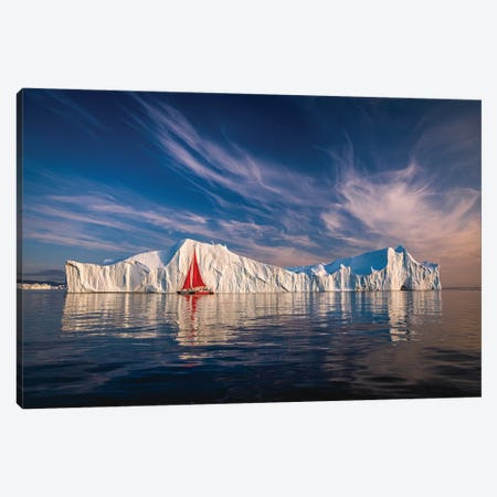 Greenland Arctic Ice Berg Red Sail Boat I Canvas Print #AGP286} by Alex G Perez Canvas Art