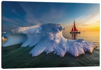 Greenland Arctic Ice Berg Red Sail Boat II Canvas Art Print - Alex G Perez