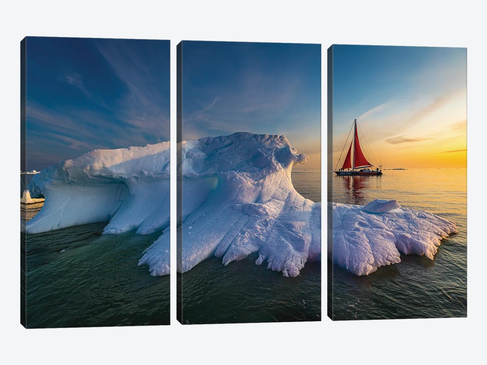 Greenland Arctic Ice Berg Red Sail Boat II by Alex G Perez 3-piece Canvas Print