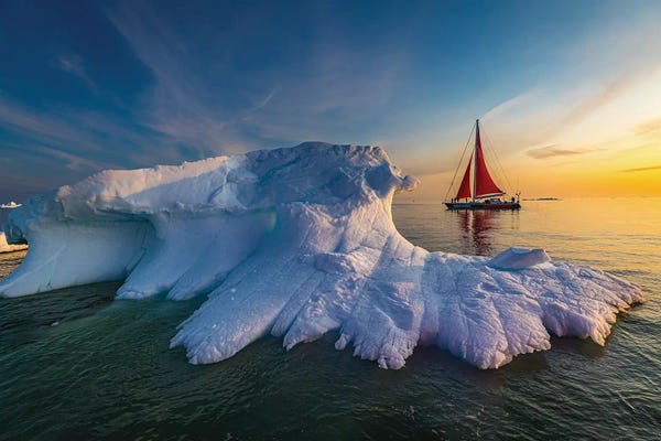 Greenland: Greenland Arctic Ice Berg Red Sail Boat II by Alex G Perez