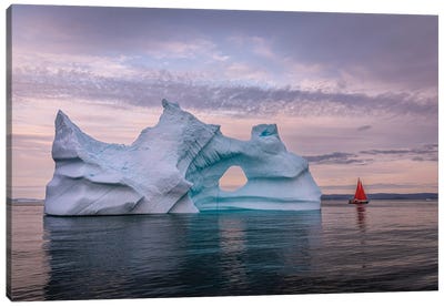 Greenland Arctic Ice Berg Red Sail Boat III Canvas Art Print - Glacier & Iceberg Art