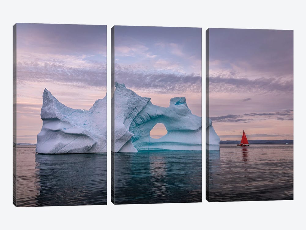 Greenland Arctic Ice Berg Red Sail Boat III by Alex G Perez 3-piece Canvas Art
