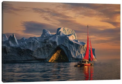 Greenland Arctic Ice Berg Red Sail Boat Sunset I Canvas Art Print - Glacier & Iceberg Art