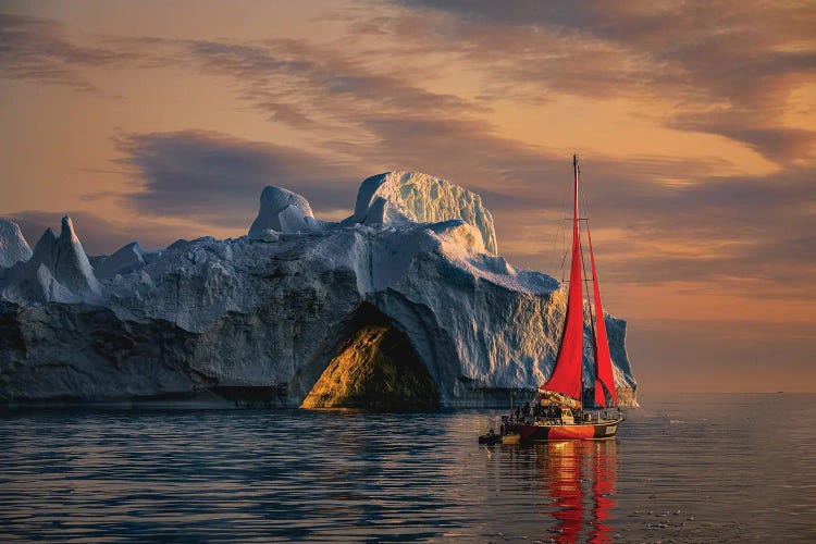 Greenland Arctic Ice Berg Red Sail Boat Sunset I