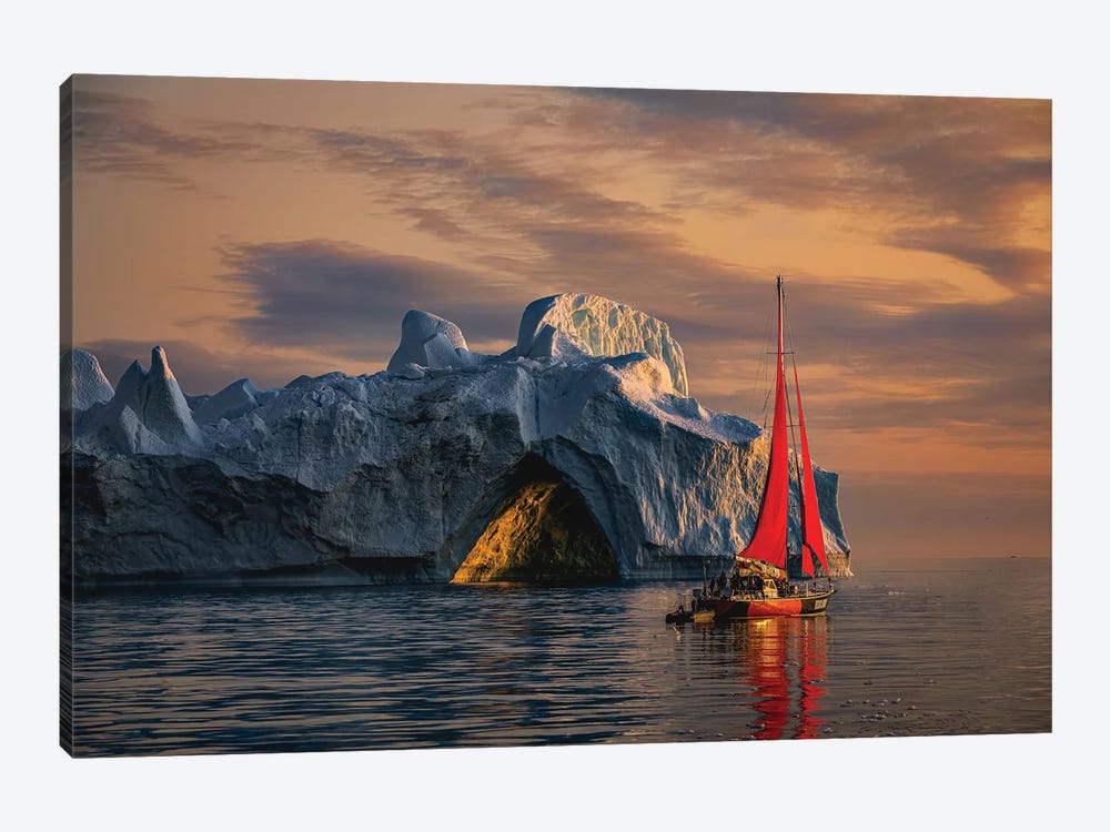 Greenland Arctic Ice Berg Red Sail Boat Sunset I by Alex G Perez 1-piece Canvas Artwork