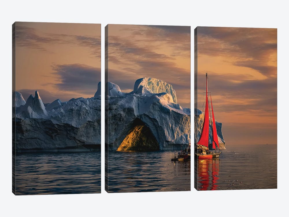 Greenland Arctic Ice Berg Red Sail Boat Sunset I 3-piece Canvas Art