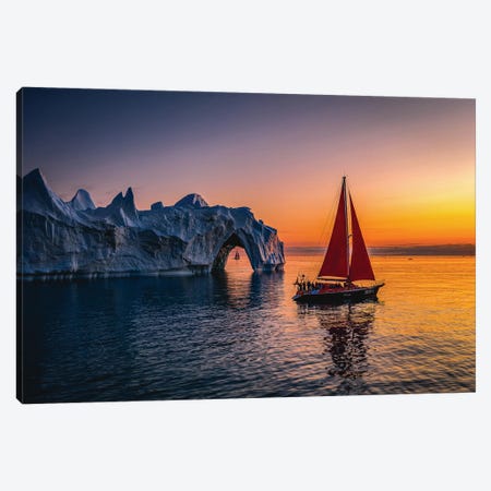 Greenland Arctic Ice Berg Red Sail Boat Sunset II Canvas Print #AGP292} by Alex G Perez Canvas Artwork