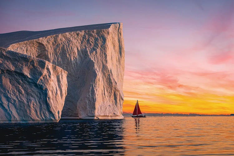 Greenland Arctic Ice Berg Red Sail Boat Sunset IV