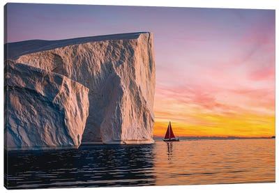 Greenland Arctic Ice Berg Red Sail Boat Sunset IV Canvas Art Print - Glacier & Iceberg Art