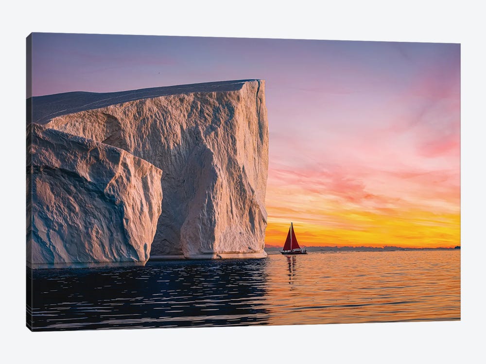 Greenland Arctic Ice Berg Red Sail Boat Sunset IV by Alex G Perez 1-piece Canvas Art Print
