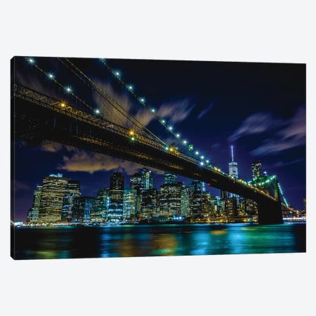 New York City Manhattan Nighttime Skyline Reflection Canvas Print #AGP309} by Alex G Perez Canvas Art