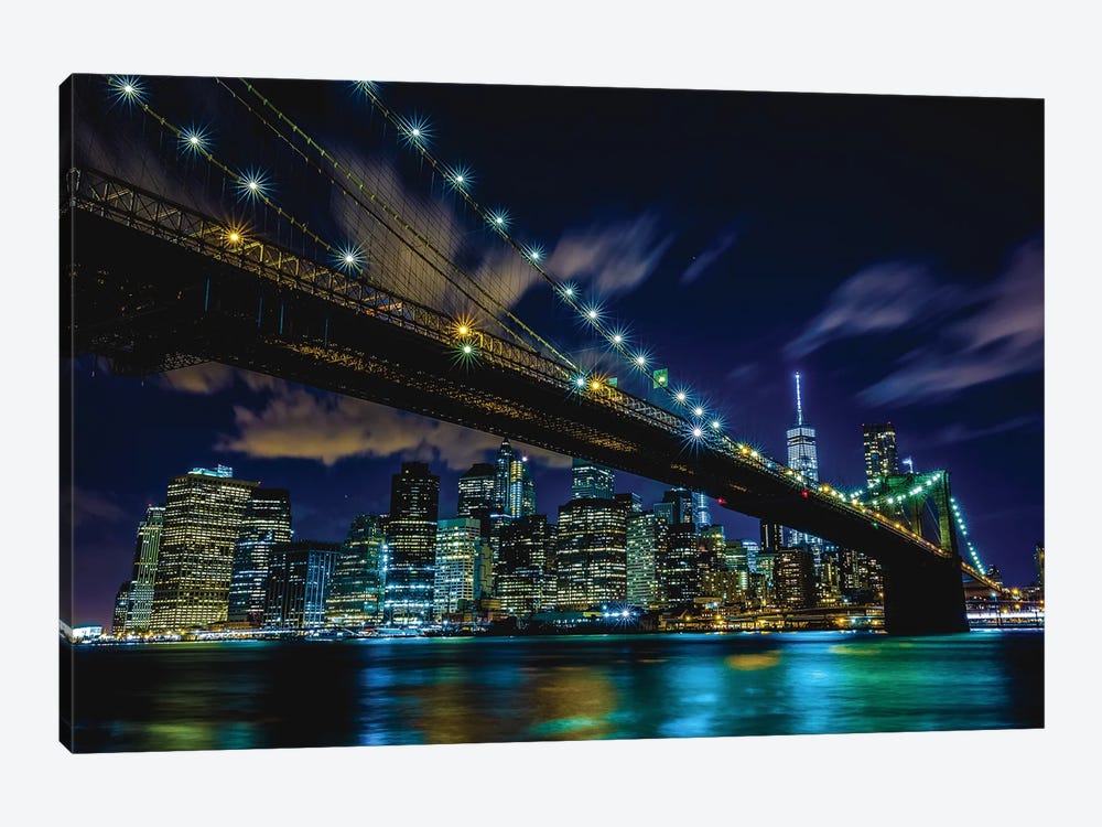 New York City Manhattan Nighttime Skyline Reflection by Alex G Perez 1-piece Canvas Wall Art