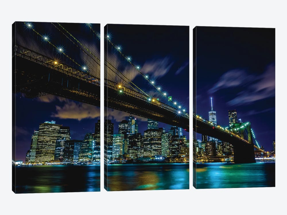 New York City Manhattan Nighttime Skyline Reflection by Alex G Perez 3-piece Canvas Wall Art