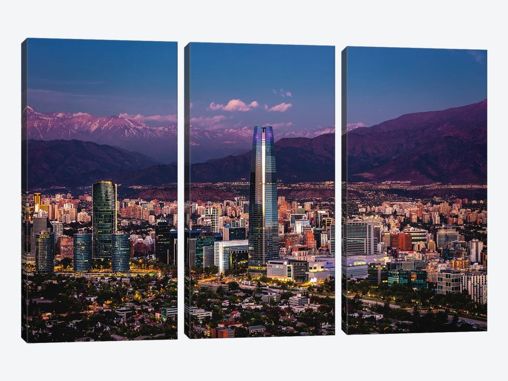 Chile Santiago Skyline Blue Hour Cityscape 3-piece Canvas Artwork