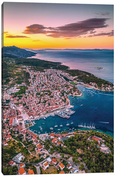 Croatia Hvar Small Town Sunset From Above V Canvas Art Print - Croatia Art