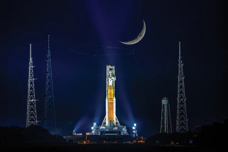 Nasa Artemis SLS Rocket On Launch Pad And Night Moon