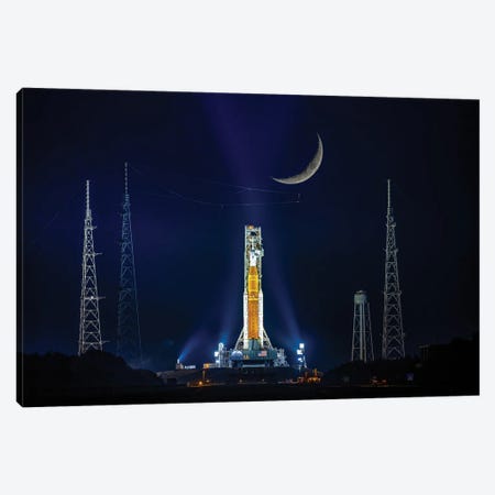 Nasa Artemis SLS Rocket On Launch Pad And Night Moon Canvas Print #AGP466} by Alex G Perez Canvas Wall Art