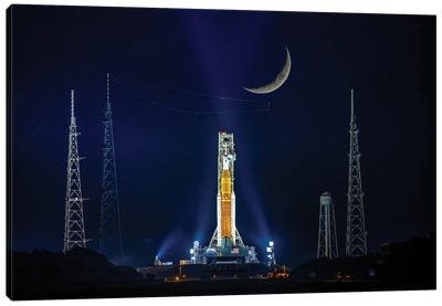 Nasa Artemis SLS Rocket On Launch Pad And Night Moon Canvas Art Print - Alex G Perez