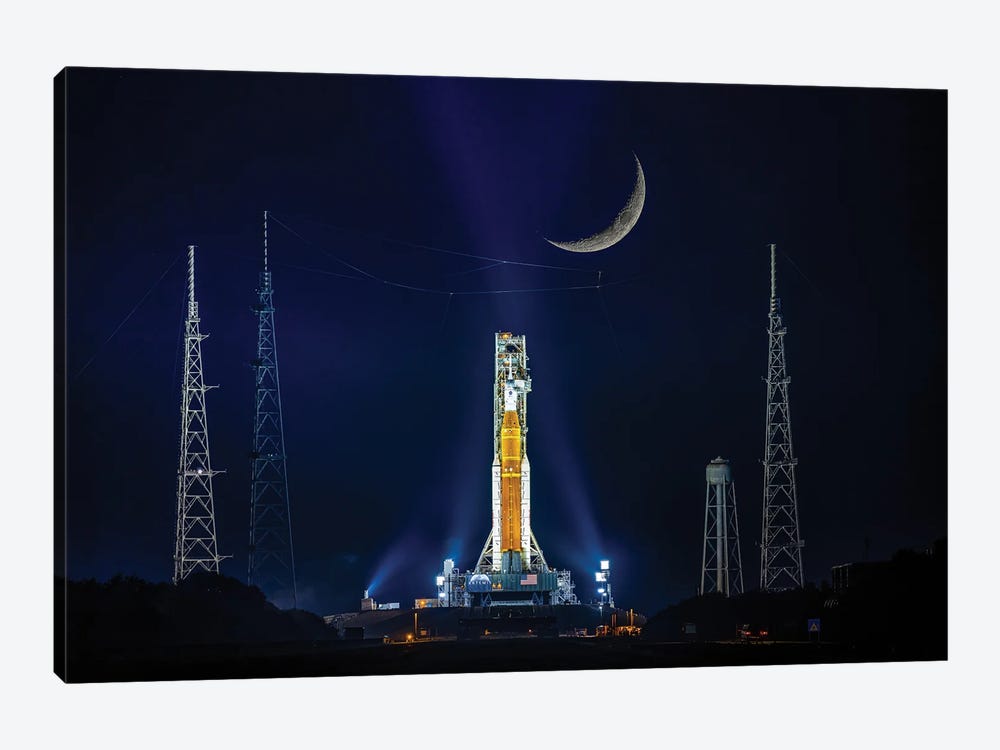 Nasa Artemis SLS Rocket On Launch Pad And Night Moon by Alex G Perez 1-piece Canvas Artwork