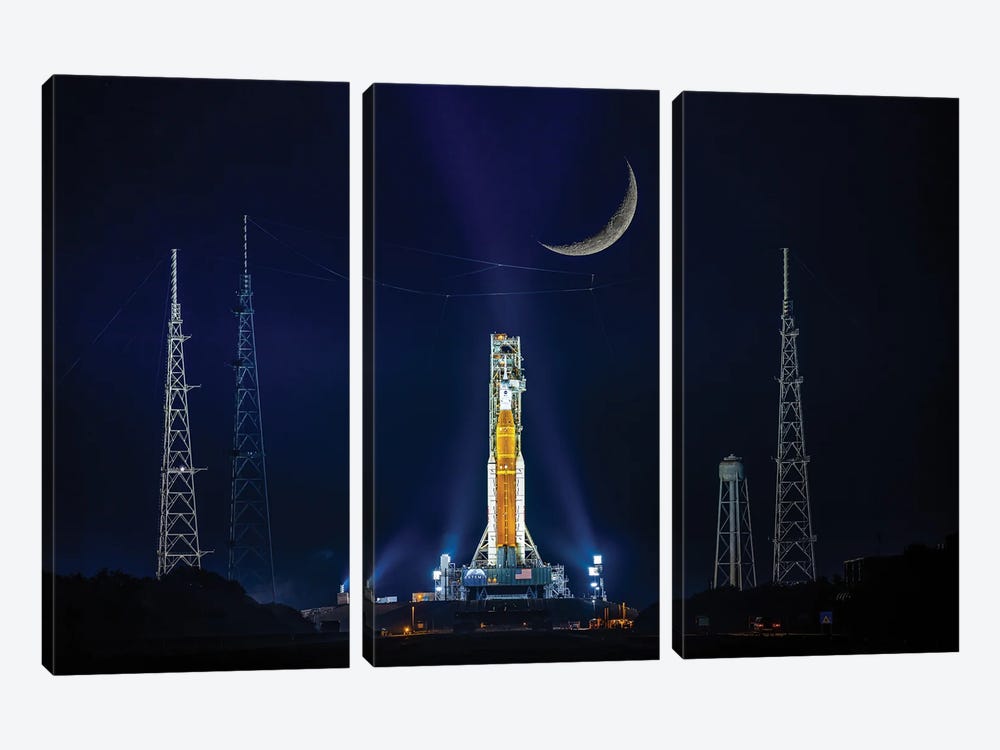 Nasa Artemis SLS Rocket On Launch Pad And Night Moon by Alex G Perez 3-piece Canvas Art
