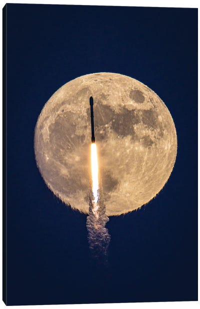 Spacex Falcon 9 Transit With The Moon Canvas Art Print - Space Shuttle Art