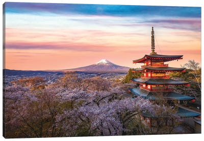 Looking Above the Cherry Blossoms at Mt. Fuji Canvas Art Print - Pagodas