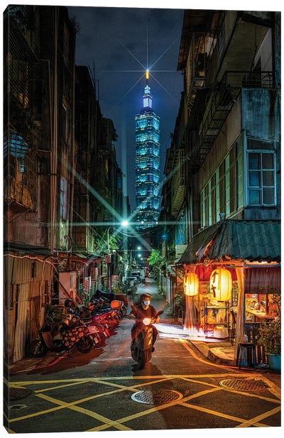 Looking Down A Street At Taipei 101 Canvas Art Print