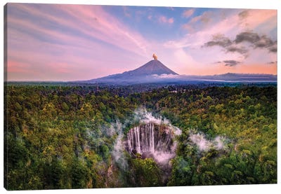 Indonesia Tumpak Sewu Waterfall And Semeru Volcano Canvas Art Print - Volcano Art