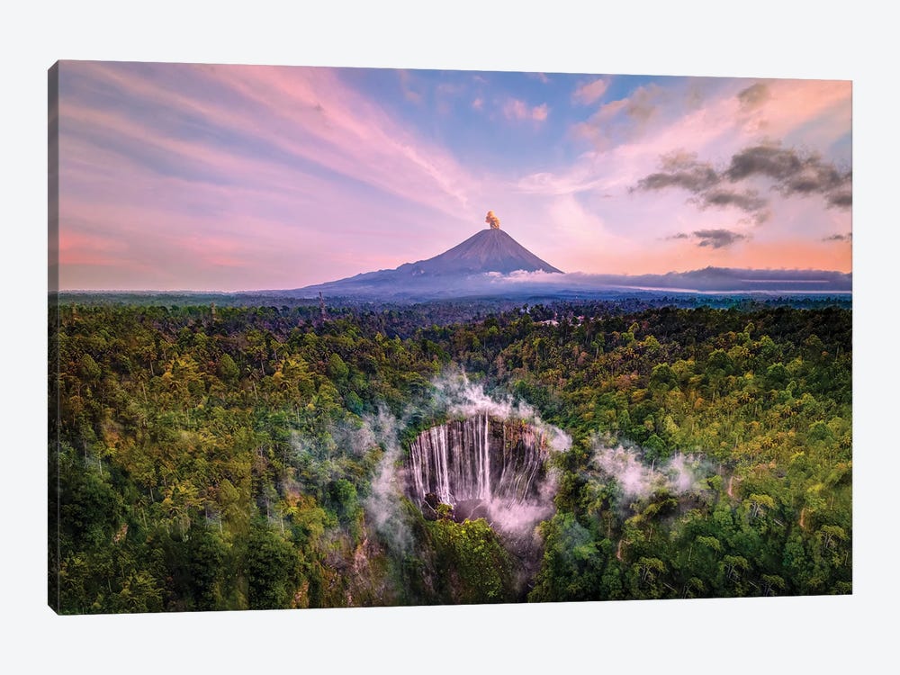 Indonesia Tumpak Sewu Waterfall And Semeru Volcano by Alex G Perez 1-piece Canvas Artwork