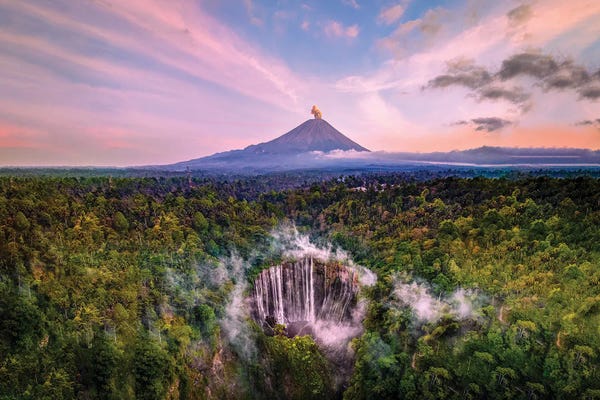 Volcanoes: Indonesia Tumpak Sewu Waterfall And Semeru Volcano by Alex G Perez
