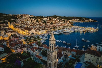 Hvar Port And City Blue Hour by Alex G Perez art print