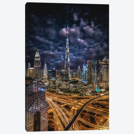 Dubai Burj Khalifa Cityscape Starry Night Canvas Print #AGP75} by Alex G Perez Canvas Artwork
