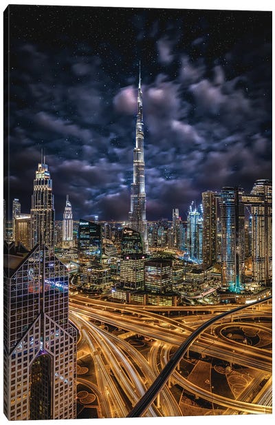 Dubai Burj Khalifa Cityscape Starry Night Canvas Art Print - United Arab Emirates Art