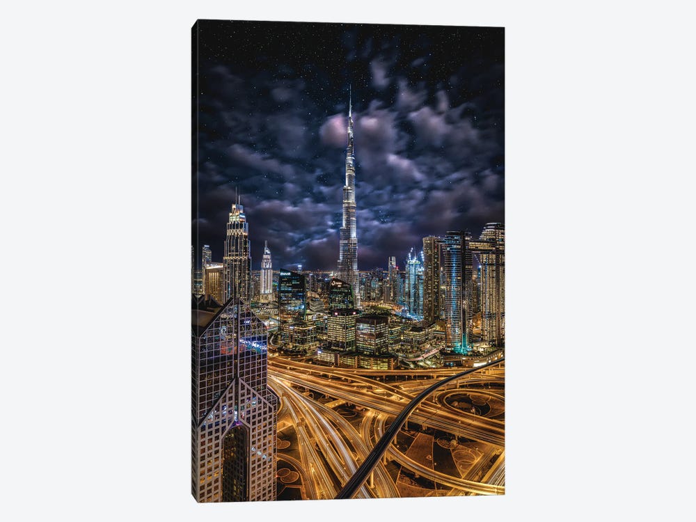 Dubai Burj Khalifa Cityscape Starry Night by Alex G Perez 1-piece Art Print