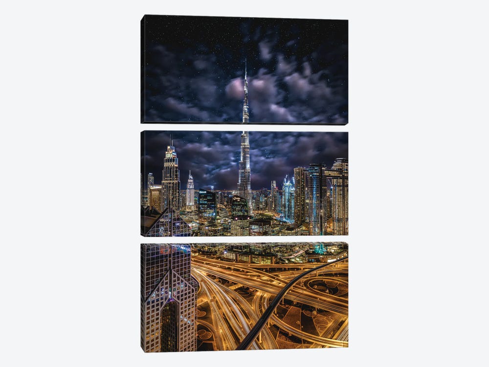 Dubai Burj Khalifa Cityscape Starry Night by Alex G Perez 3-piece Canvas Art Print