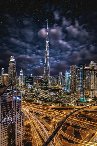 Burj Khalifa: Dubai Burj Khalifa Cityscape Starry Night by Alex G Perez