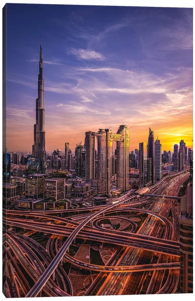 Dubai Burj Khalifa Cityscape Sunset I Canvas Art Print - Dubai Art