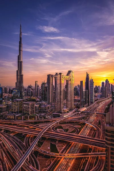 City Sunrises & Sunsets: Dubai Burj Khalifa Cityscape Sunset I by Alex G Perez