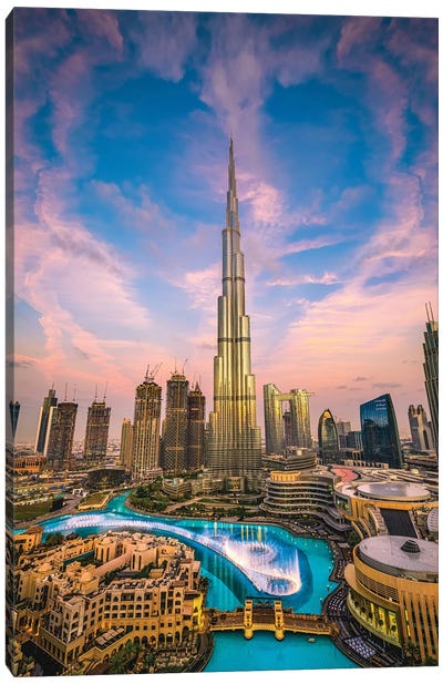 Dubai Burj Khalifa Cityscape Sunset II Canvas Art Print - United Arab Emirates Art