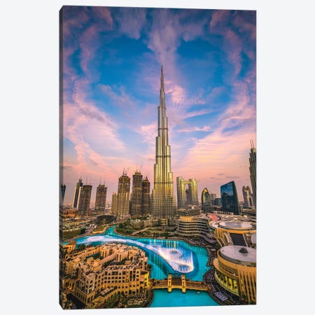Dubai Burj Khalifa Cityscape Sunset II Canvas Print #AGP77} by Alex G Perez Canvas Artwork