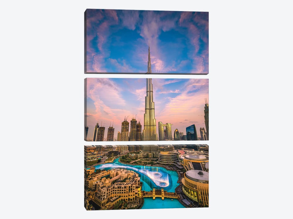 Dubai Burj Khalifa Cityscape Sunset II by Alex G Perez 3-piece Canvas Print