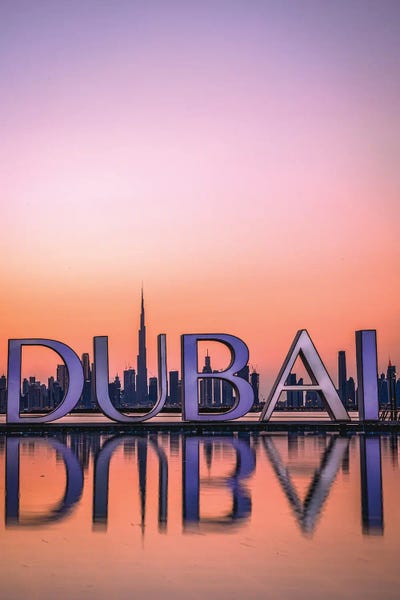 Novelty City Scenes: Dubai Harbor Cityscape Reflection Sunset by Alex G Perez