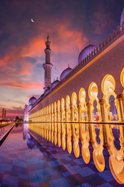 Middle Eastern Culture: Dubai Temple Mosque Sunset Reflection II by Alex G Perez